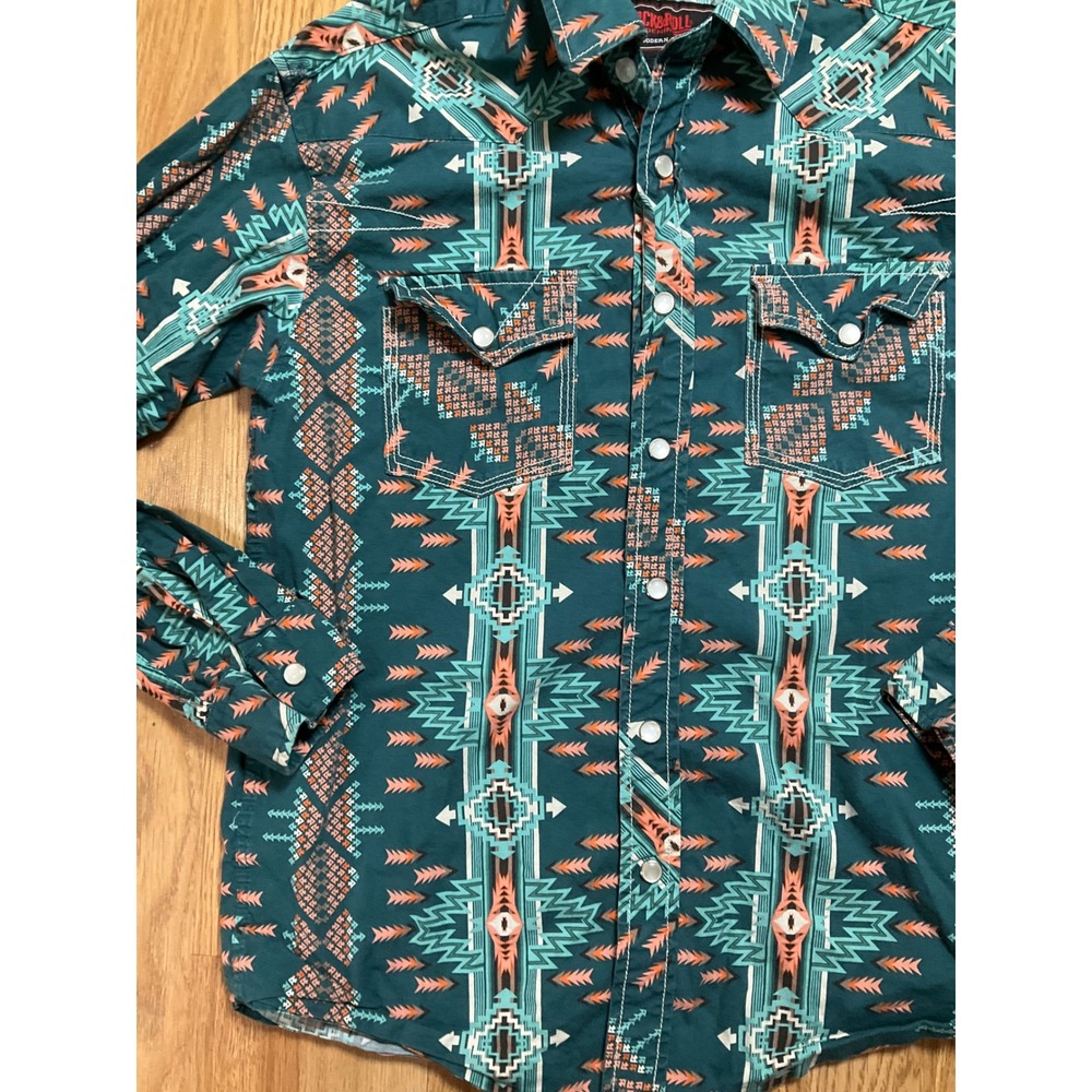 Aztec-Print Teal Western Snap Closure Shirt - Picture 3 of 8